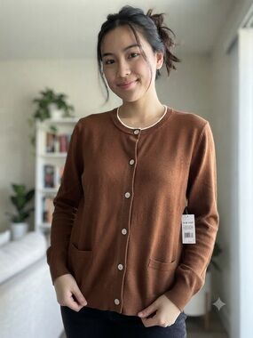 Nine West Brown Button-Front Crewneck Cardigan
